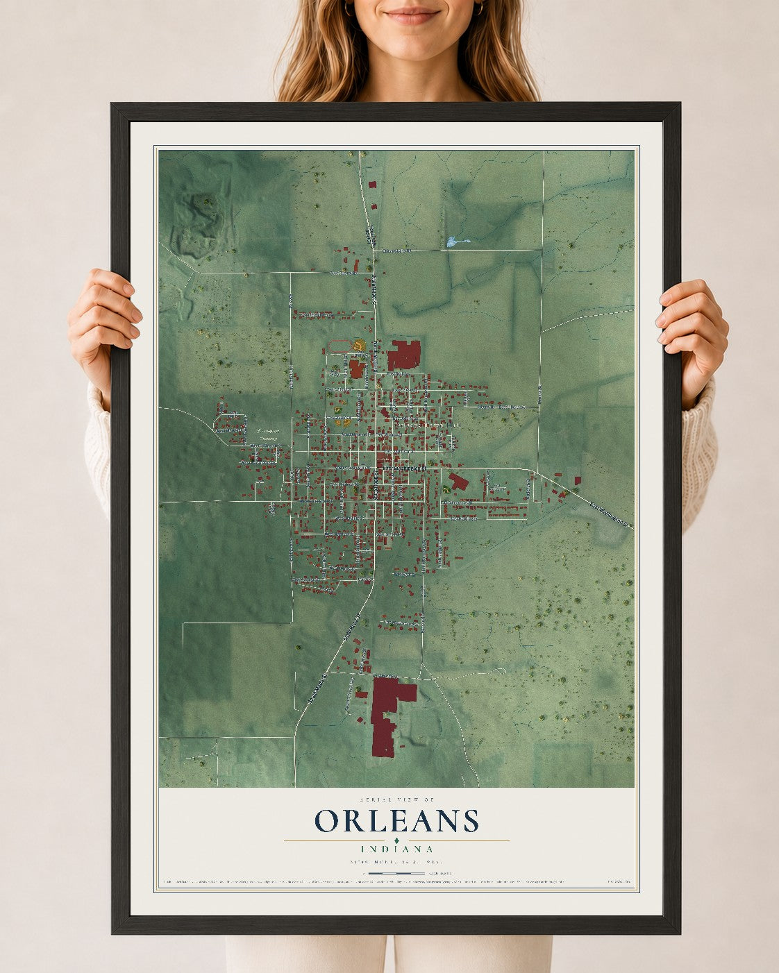 Map of Orleans, Indiana, 24 x 36 inch print in a black wood frame