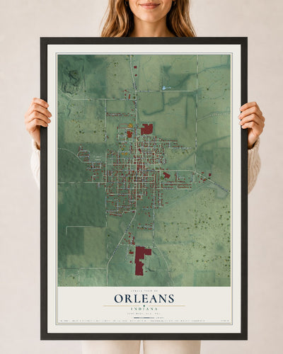 Map of Orleans, Indiana, 24 x 36 inch print in a black wood frame