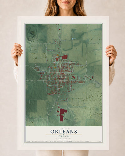 Map of Orleans, Indiana, 24 x 36 inch print in a white wood frame