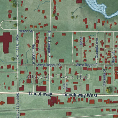 Second close-up of the map of Osceola, Indiana print showing more streets and buildings