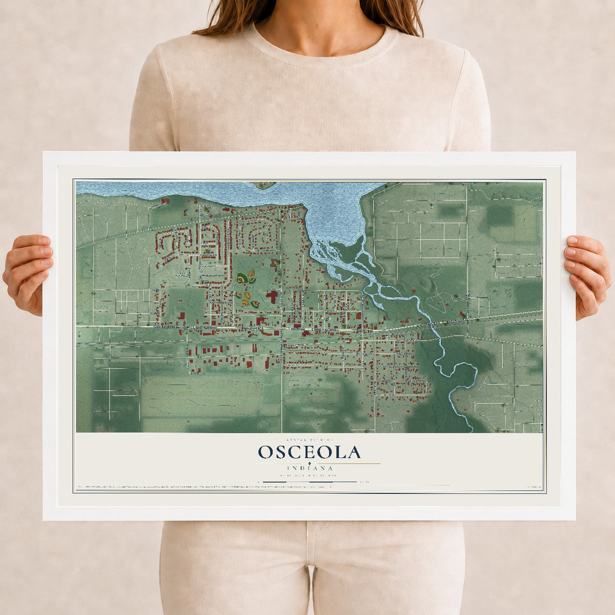 Map of Osceola, Indiana, 12 x 18 inch print in a white wood frame