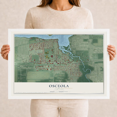 Map of Osceola, Indiana, 12 x 18 inch print in a white wood frame