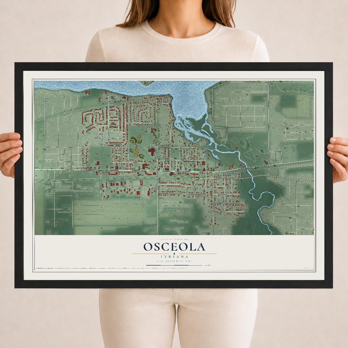 Map of Osceola, Indiana, 18 x 24 inch print in a black wood frame
