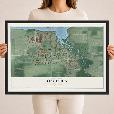 Map of Osceola, Indiana, 18 x 24 inch print in a black wood frame