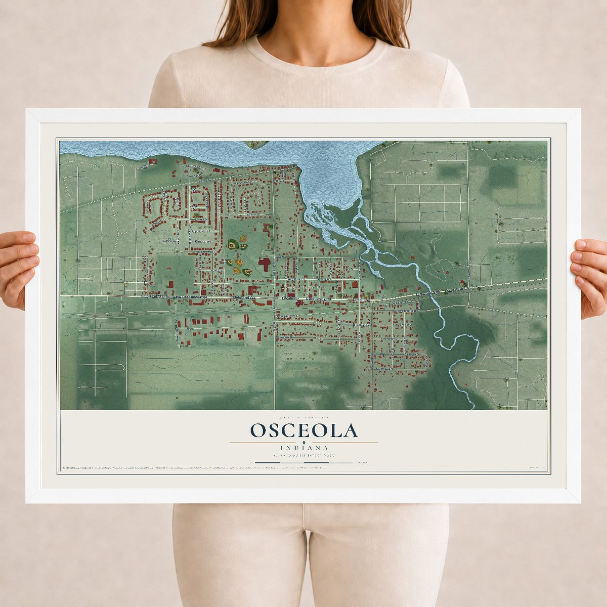 Map of Osceola, Indiana, 18 x 24 inch print in a white wood frame