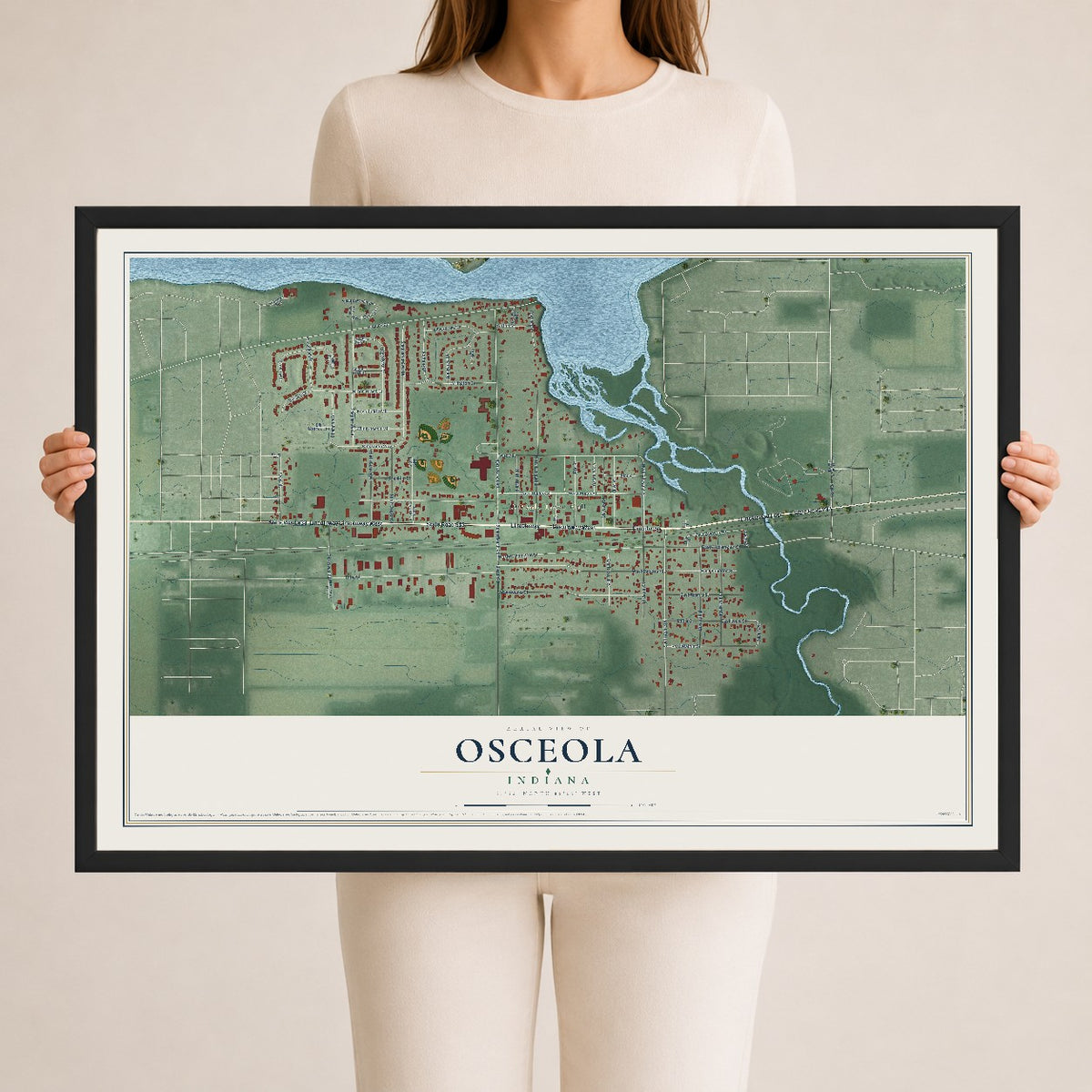 Map of Osceola, Indiana, 24 x 36 inch print in a black wood frame