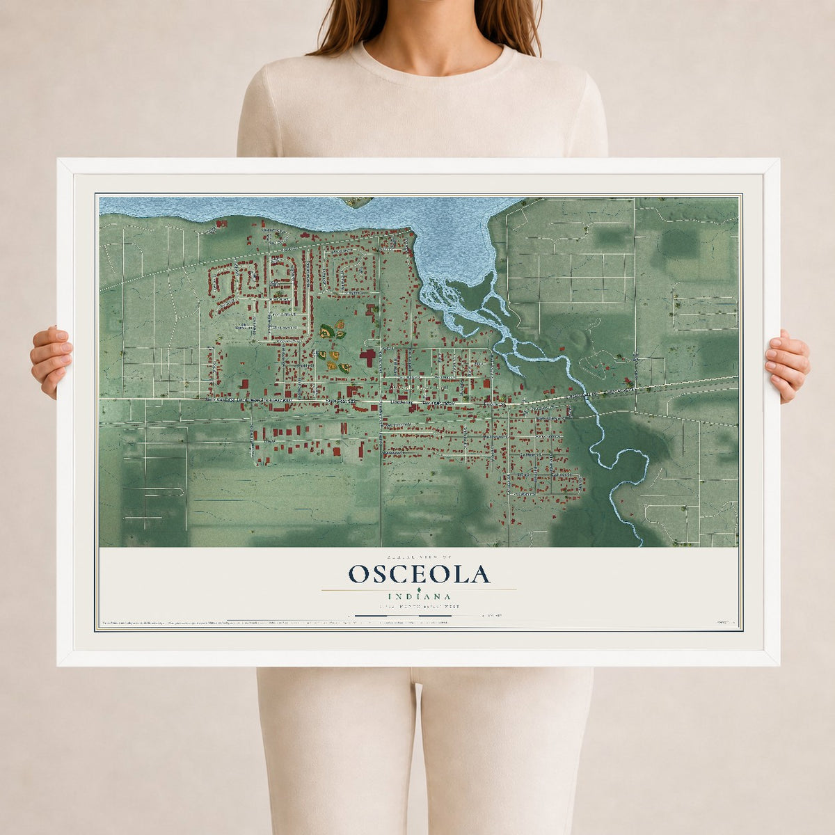 Map of Osceola, Indiana, 24 x 36 inch print in a white wood frame
