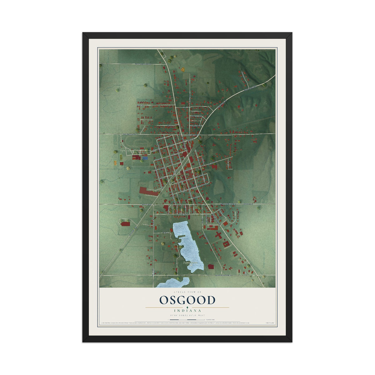 Map of Osgood, Indiana, 12 x 18 inch print in a black wood frame