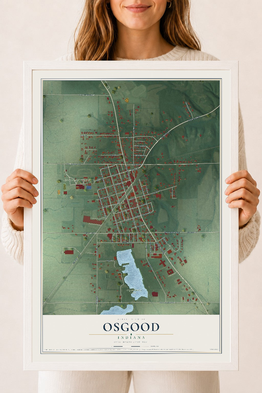 Map of Osgood, Indiana, 18 x 24 inch print in a white wood frame