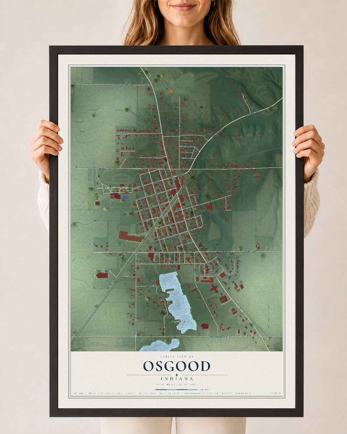 Map of Osgood, Indiana, 24 x 36 inch print in a black wood frame