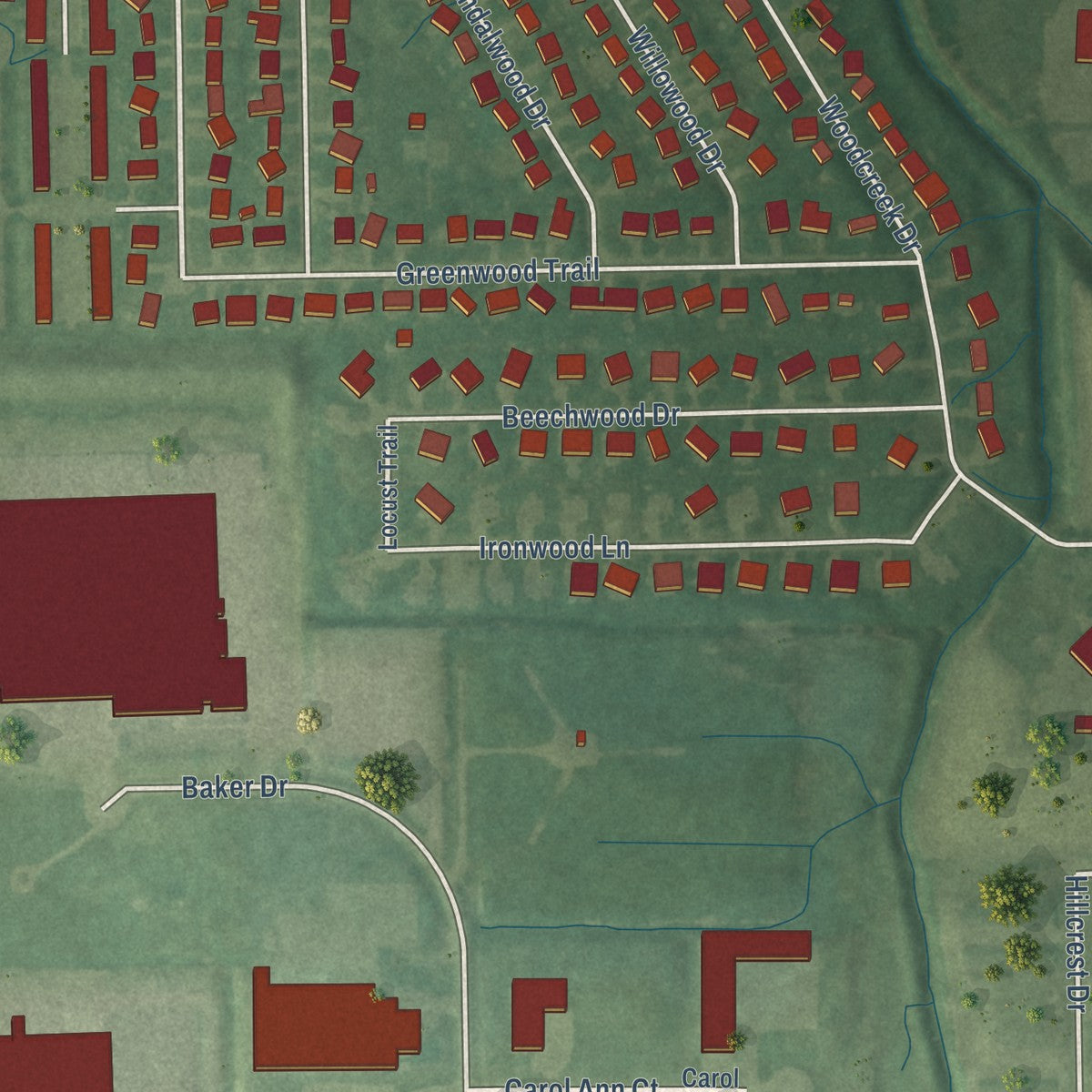 Second close-up of the map of Ossian, Indiana print showing more streets and buildings