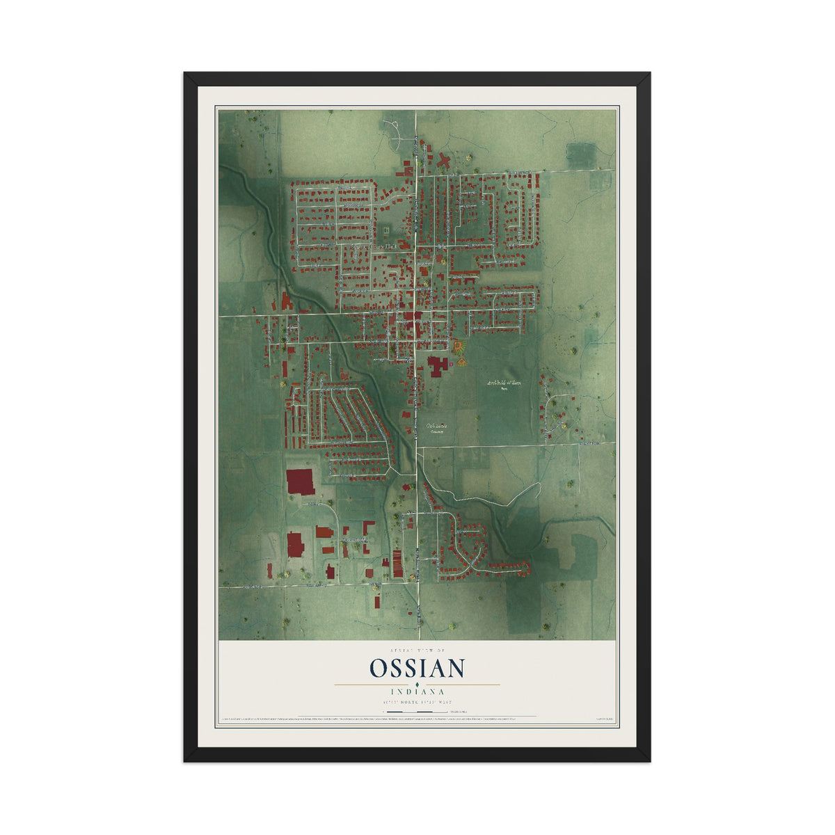 Map of Ossian, Indiana, 12 x 18 inch print in a black wood frame