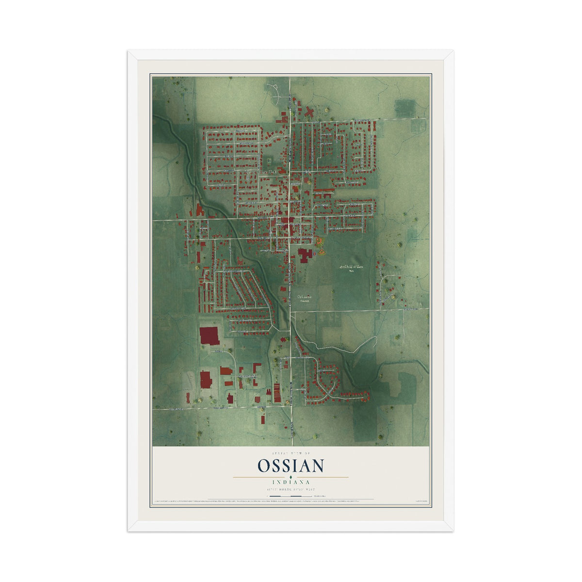 Map of Ossian, Indiana, 12 x 18 inch print in a white wood frame