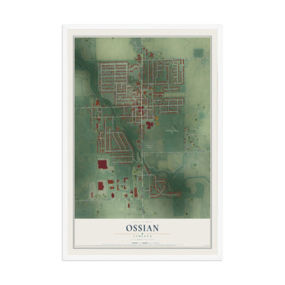 Map of Ossian, Indiana, 12 x 18 inch print in a white wood frame