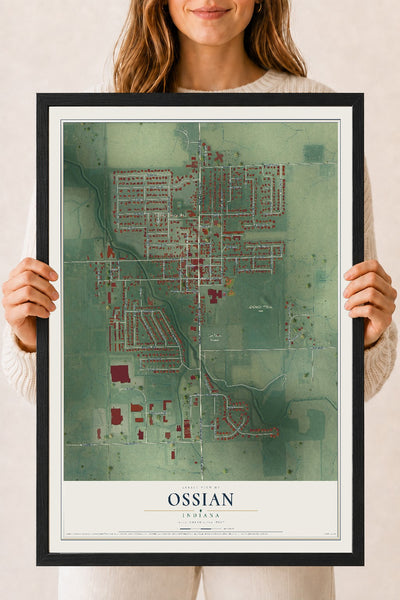 Map of Ossian, Indiana, 18 x 24 inch print in a black wood frame