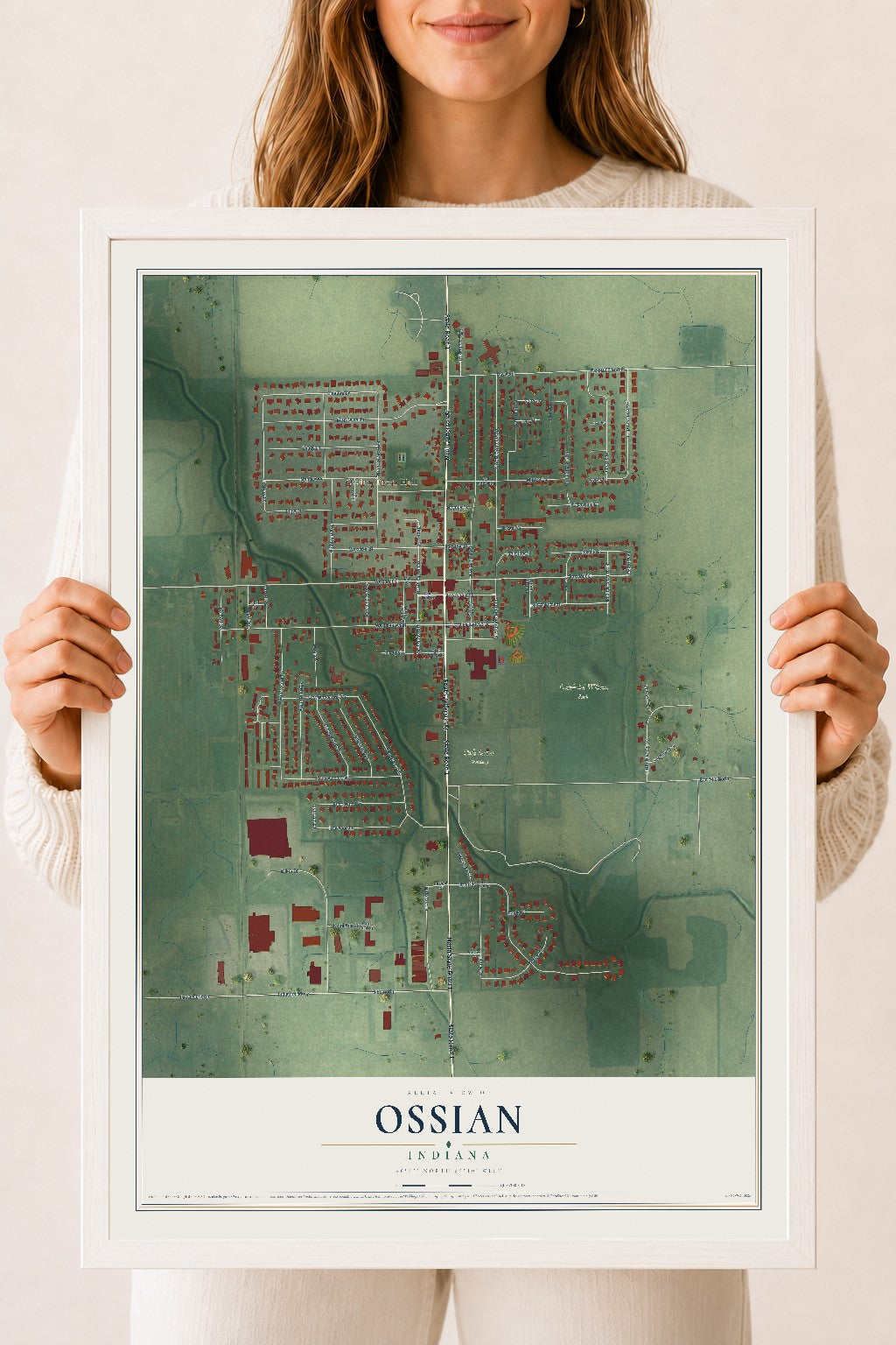 Map of Ossian, Indiana, 18 x 24 inch print in a white wood frame