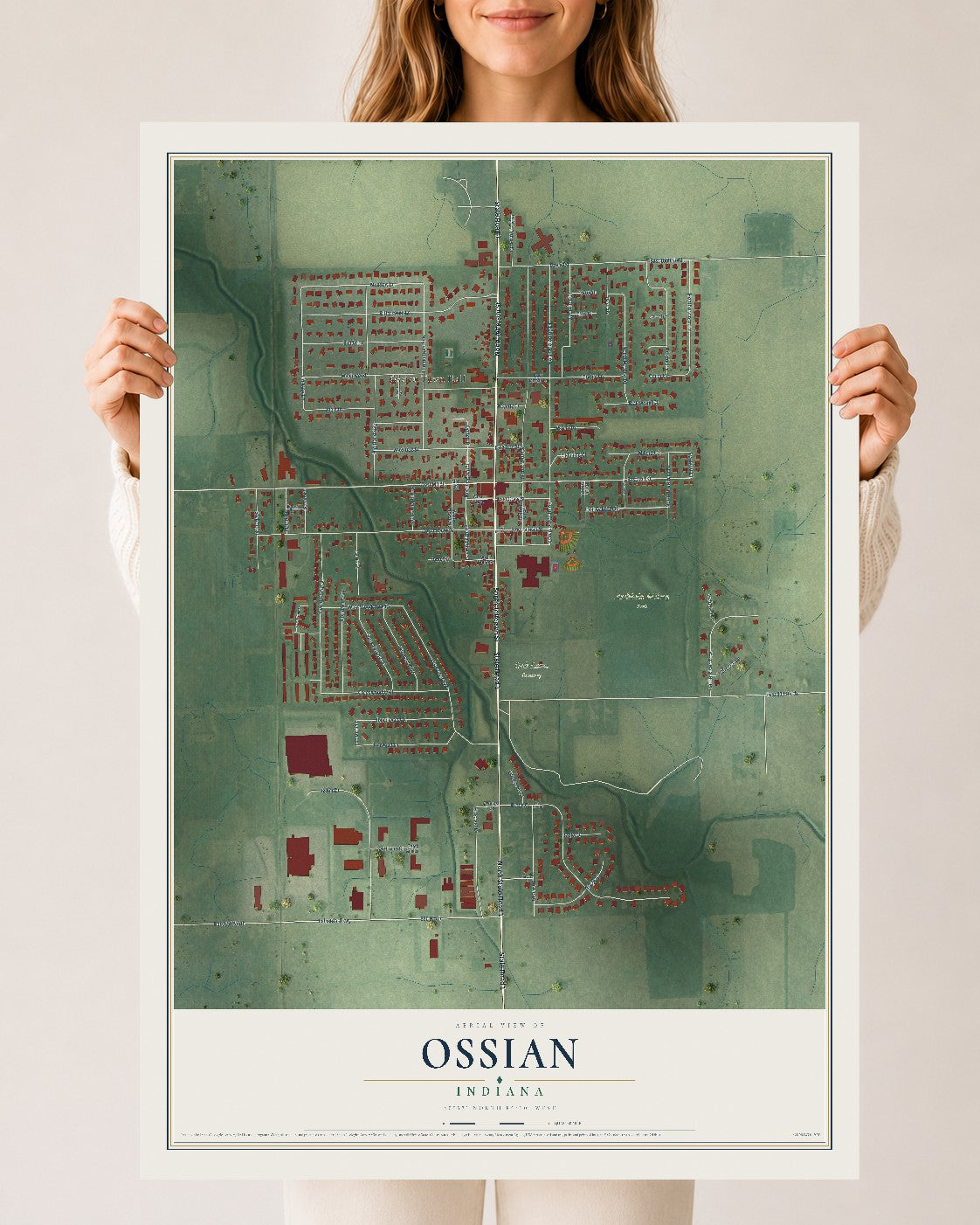 Map of Ossian, Indiana, 24 x 36 inch unframed archival matte print