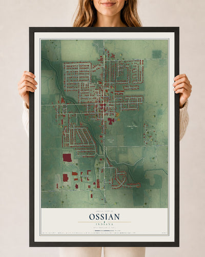 Map of Ossian, Indiana, 24 x 36 inch print in a black wood frame