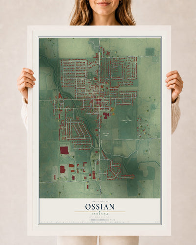 Map of Ossian, Indiana, 24 x 36 inch print in a white wood frame