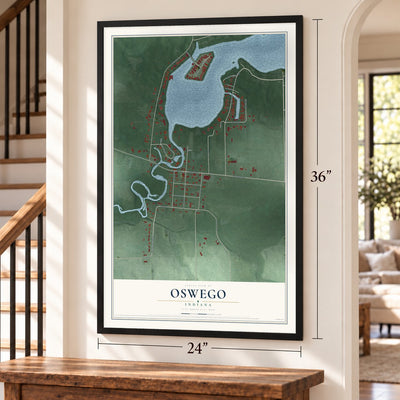 Oswego, Indiana map, 24 x 36 inch print in a black frame by a staircase