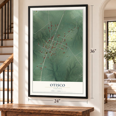 Otisco, Indiana map, 24 x 36 inch print in a black frame by a staircase