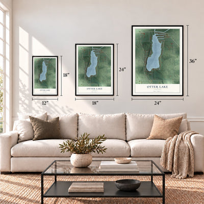 Otter Lake, Indiana map in 12 x 18, 18 x 24 and 24 x 36 inch sizes above a sofa