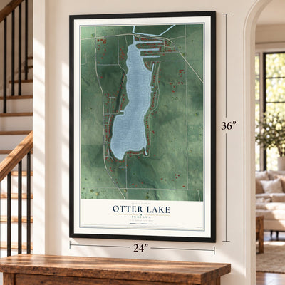 Otter Lake, Indiana map, 24 x 36 inch print in a black frame by a staircase