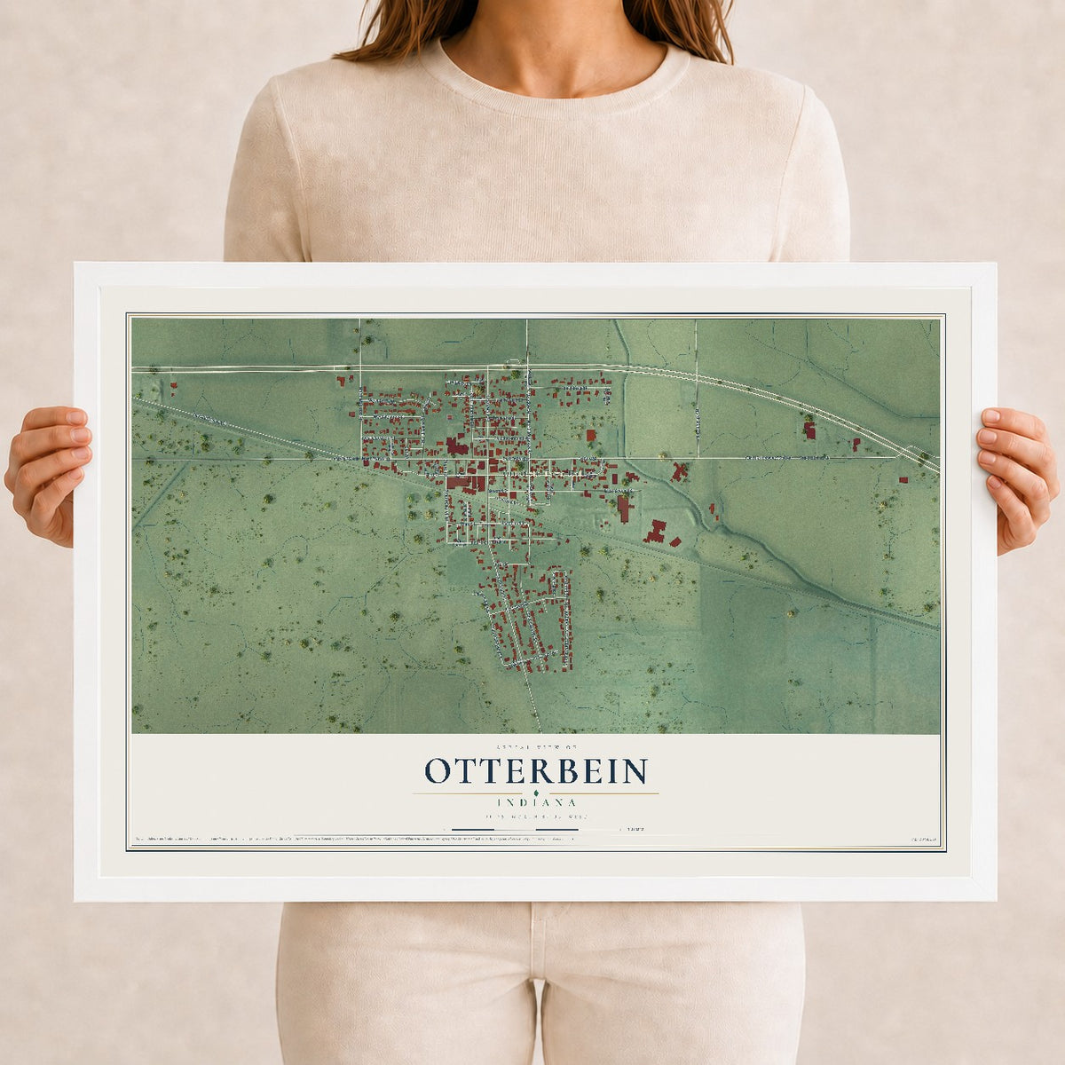 Map of Otterbein, Indiana, 12 x 18 inch print in a white wood frame