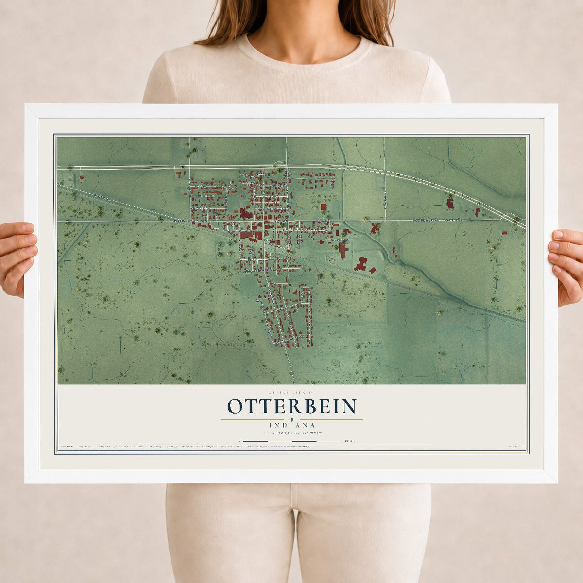 Map of Otterbein, Indiana, 18 x 24 inch print in a white wood frame