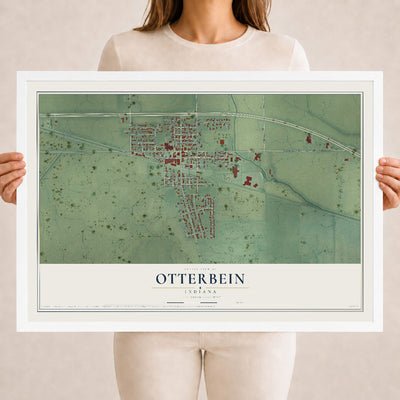 Map of Otterbein, Indiana, 18 x 24 inch print in a white wood frame