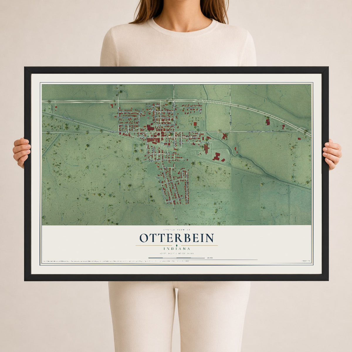 Map of Otterbein, Indiana, 24 x 36 inch print in a black wood frame