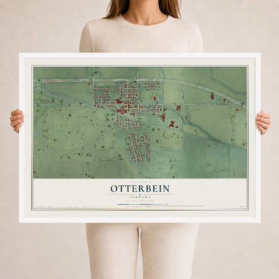 Map of Otterbein, Indiana, 24 x 36 inch print in a white wood frame