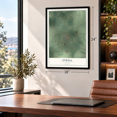 Otwell, Indiana map, 18 x 24 inch print in a black frame in a home office