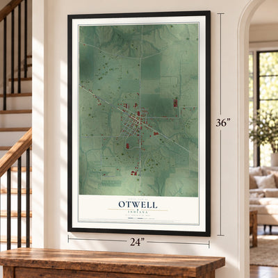 Otwell, Indiana map, 24 x 36 inch print in a black frame by a staircase