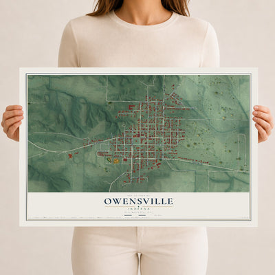 Map of Owensville, Indiana, 12 x 18 inch unframed archival matte print