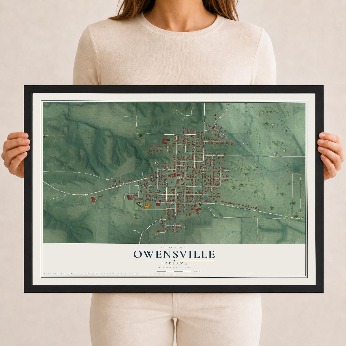 Map of Owensville, Indiana, 12 x 18 inch print in a black wood frame