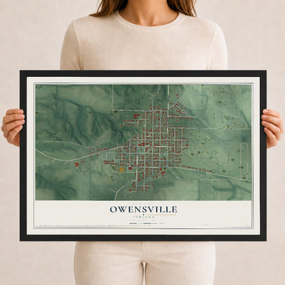 Map of Owensville, Indiana, 12 x 18 inch print in a black wood frame