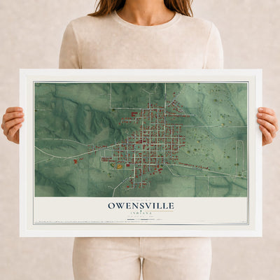 Map of Owensville, Indiana, 12 x 18 inch print in a white wood frame