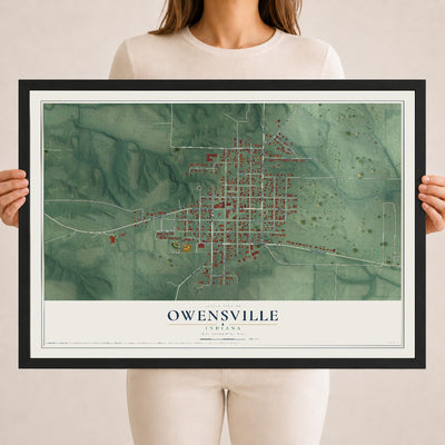 Map of Owensville, Indiana, 18 x 24 inch print in a black wood frame