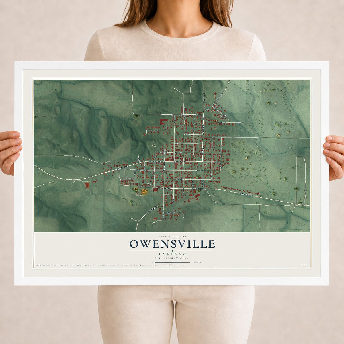 Map of Owensville, Indiana, 18 x 24 inch print in a white wood frame