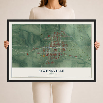 Map of Owensville, Indiana, 24 x 36 inch print in a black wood frame