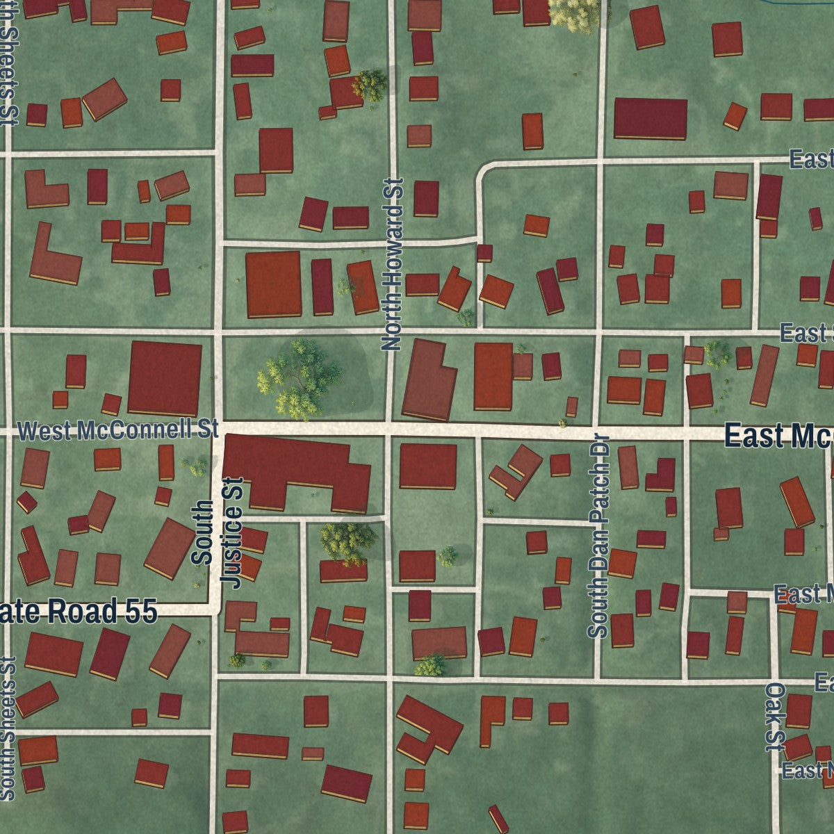 Close-up of the map of Oxford, Indiana print showing street and building detail