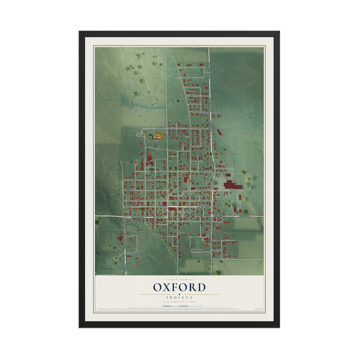 Map of Oxford, Indiana, 12 x 18 inch print in a black wood frame