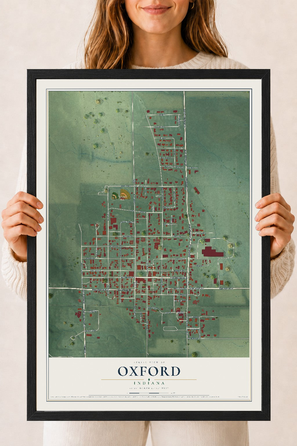 Map of Oxford, Indiana, 18 x 24 inch print in a black wood frame