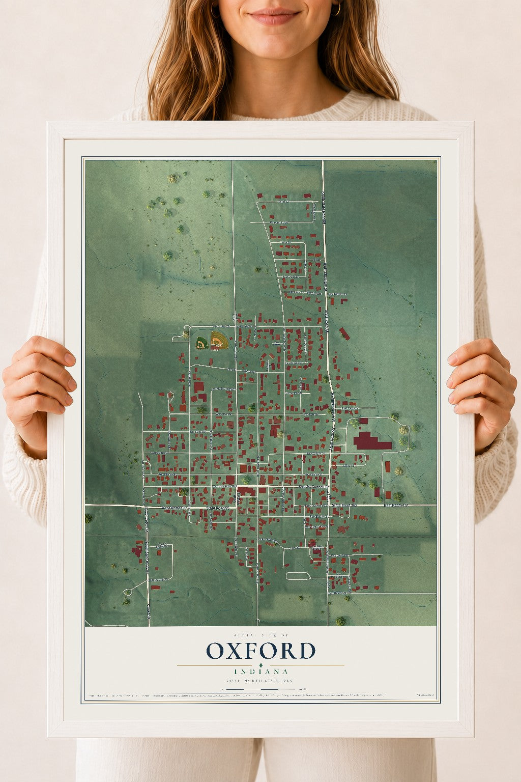 Map of Oxford, Indiana, 18 x 24 inch print in a white wood frame