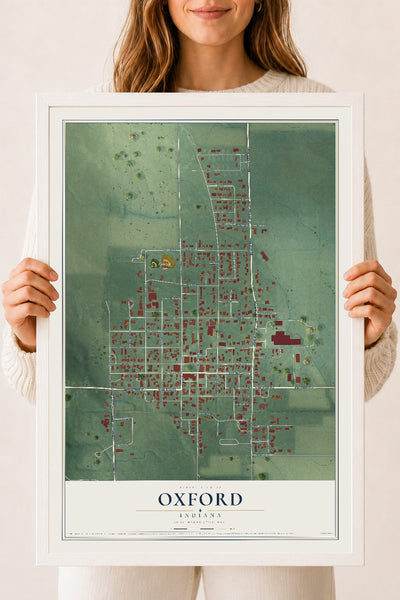 Map of Oxford, Indiana, 18 x 24 inch print in a white wood frame