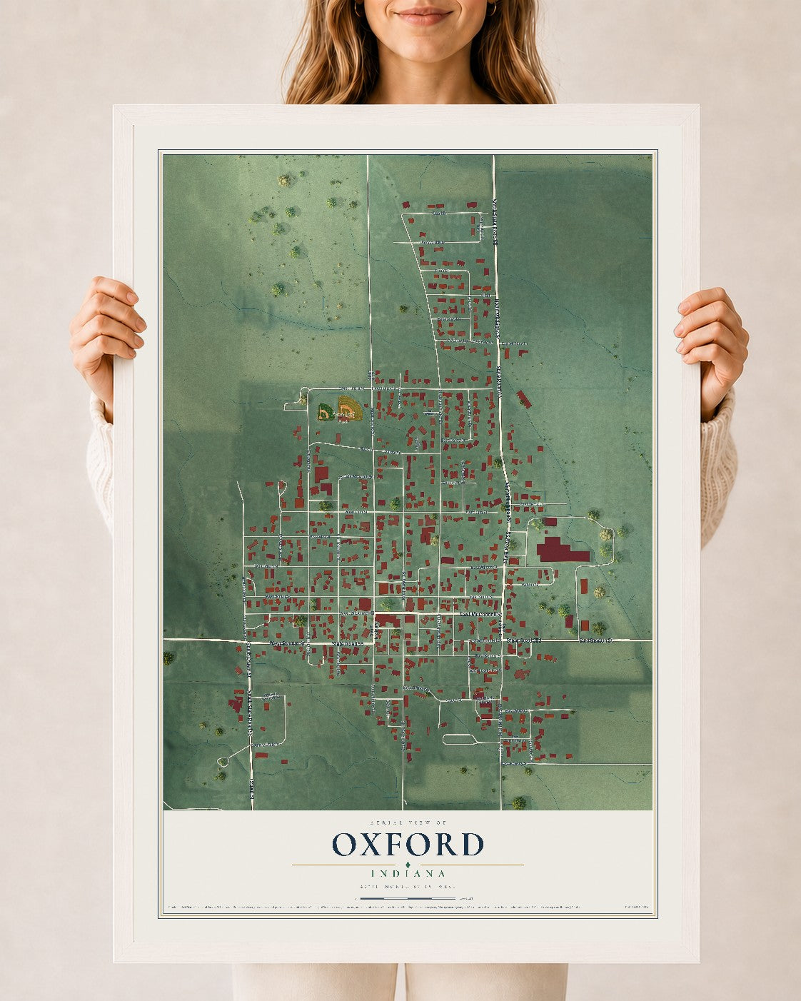 Map of Oxford, Indiana, 24 x 36 inch print in a white wood frame