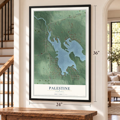 Palestine, Indiana map, 24 x 36 inch print in a black frame by a staircase