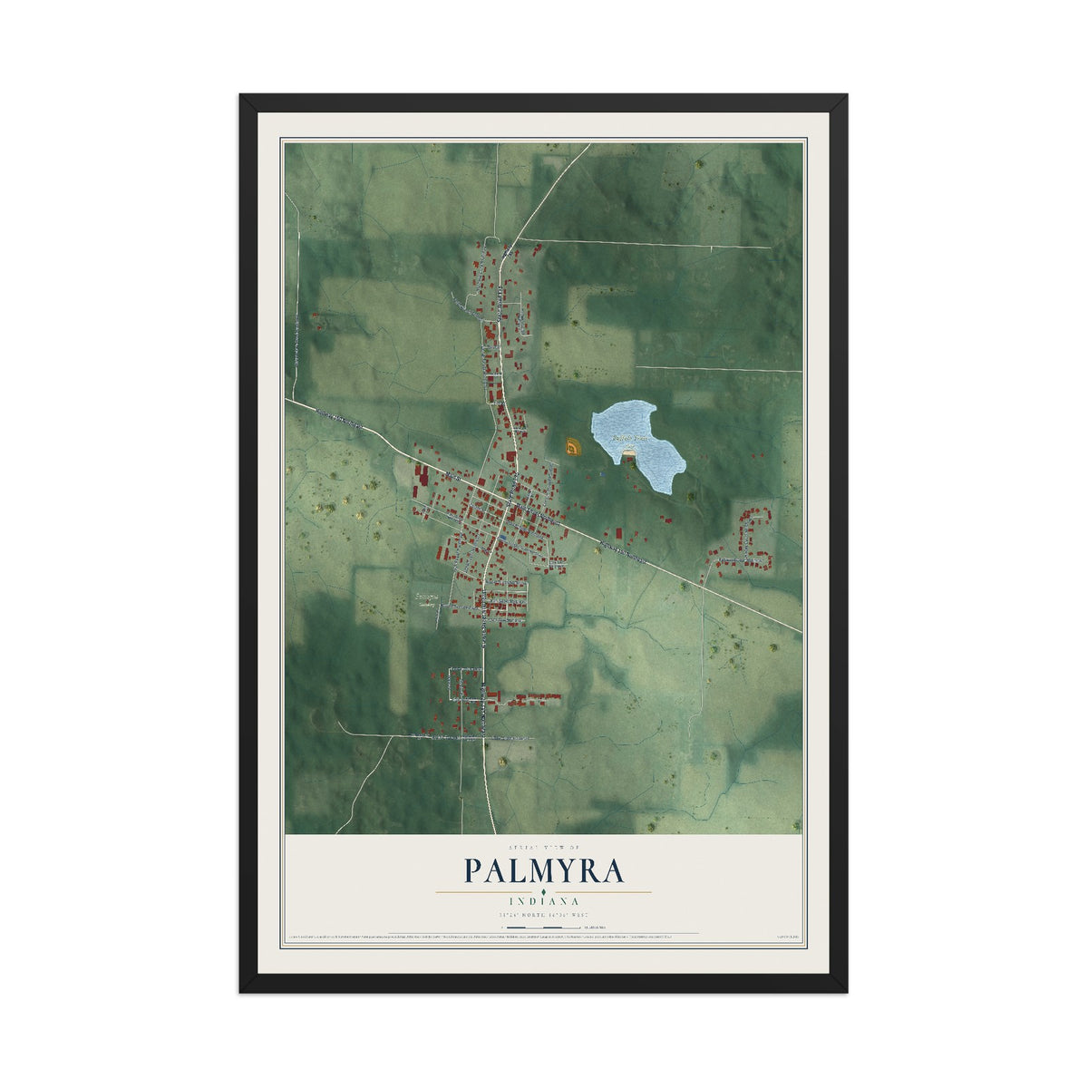 Map of Palmyra, Indiana, 12 x 18 inch print in a black wood frame