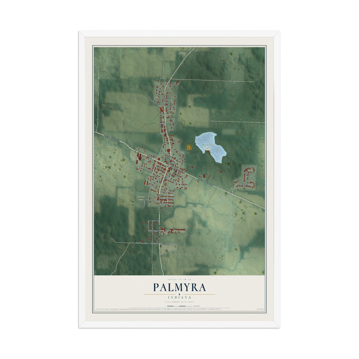 Map of Palmyra, Indiana, 12 x 18 inch print in a white wood frame